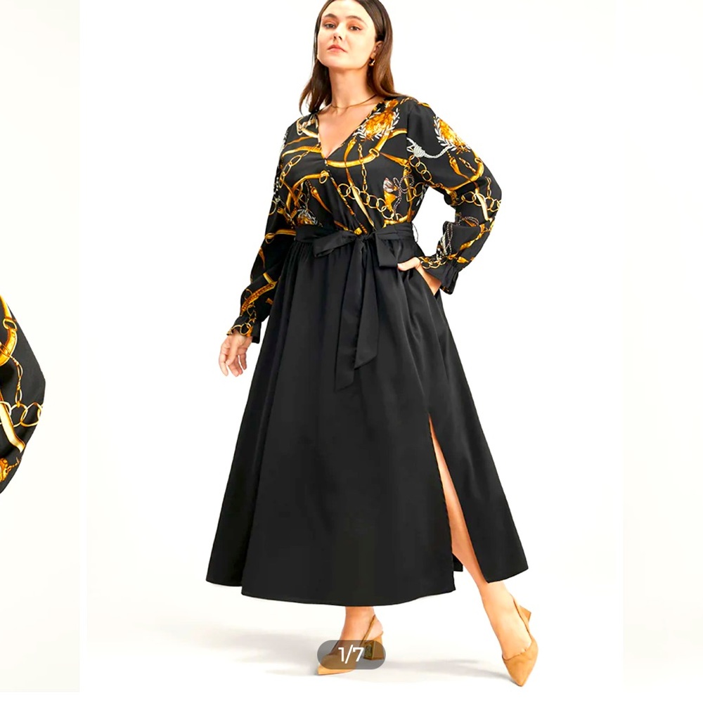 Chain Print V Neck Pocket Lantern Sleeve Belted Split Dress